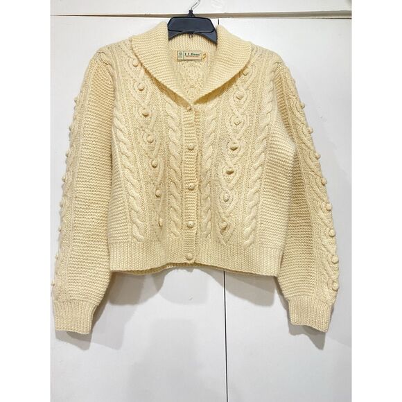 LL Bean Cropped Cardigan Sweater Womens Sz 38 Cream Long Sleeves Button UP - Picture 1 of 16